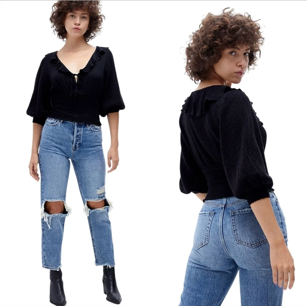 NWT Free People Billie Black Ruffle Smocked Sweater S